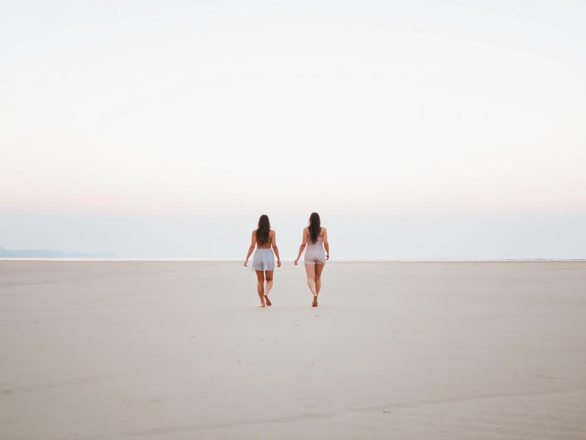 Two women walking a wide empty beach at sunrise