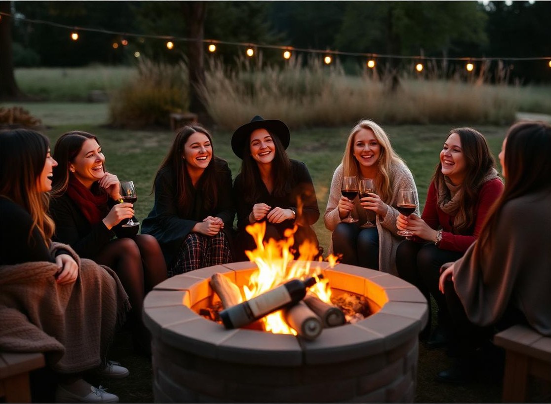 Women laughing together around a fire pit at dusk