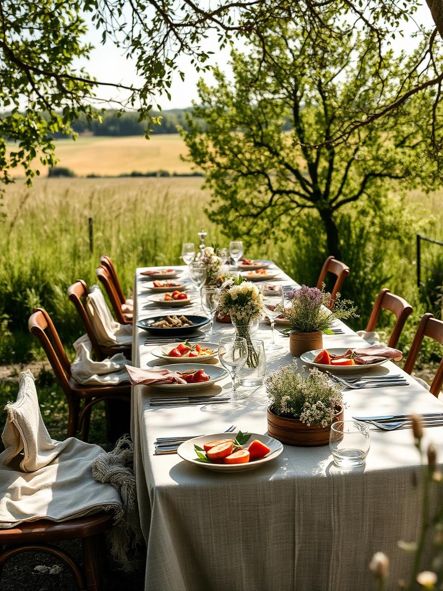 A long table laid for lunch in the countryside
