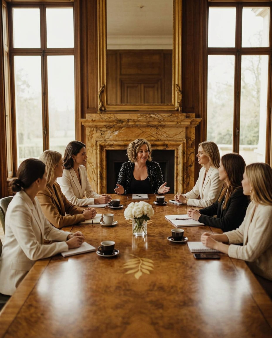 Jay-anne leading a mastermind of six women around a long table in a warm, light-filled private room