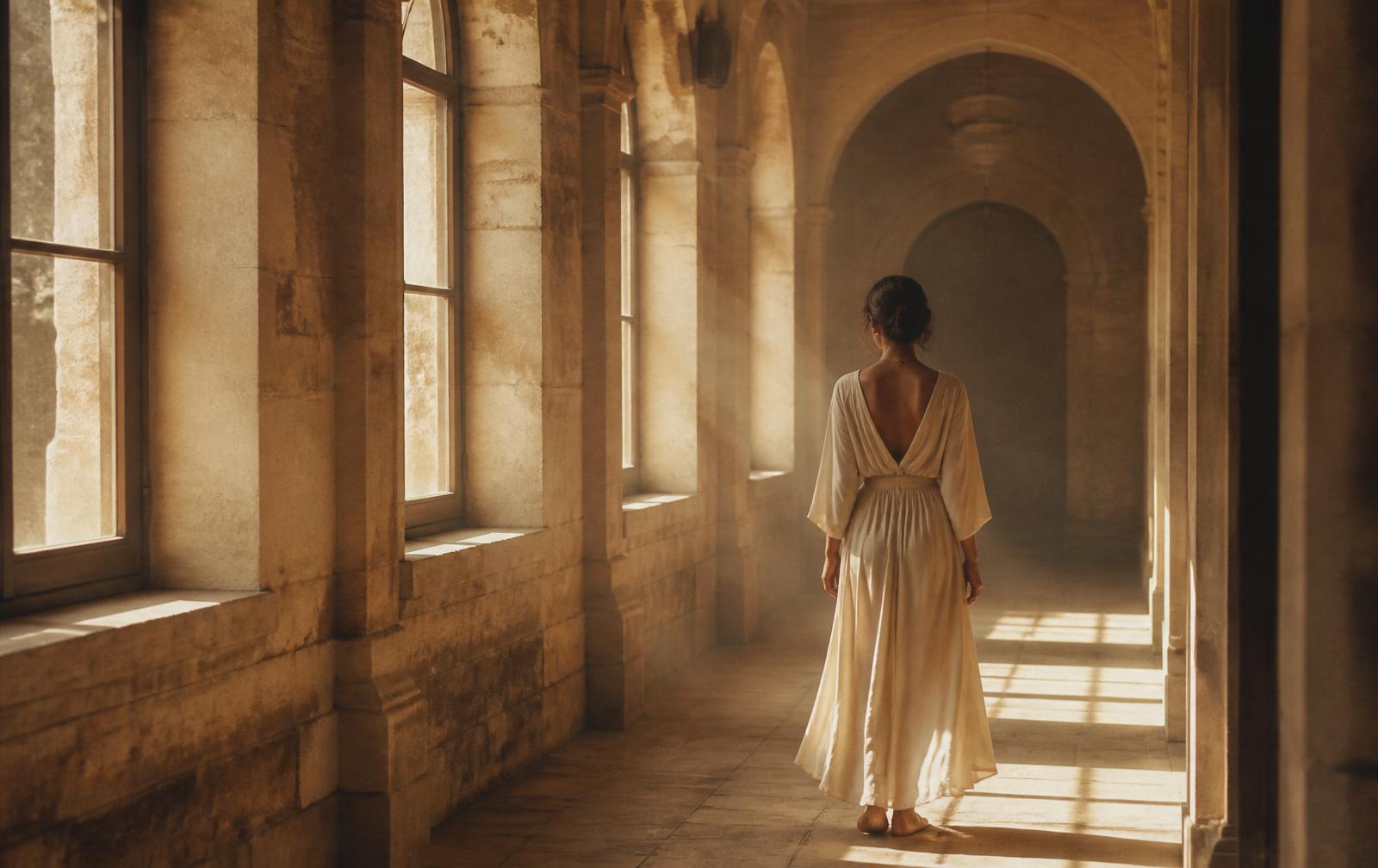 A woman walking slowly through a sunlit stone corridor