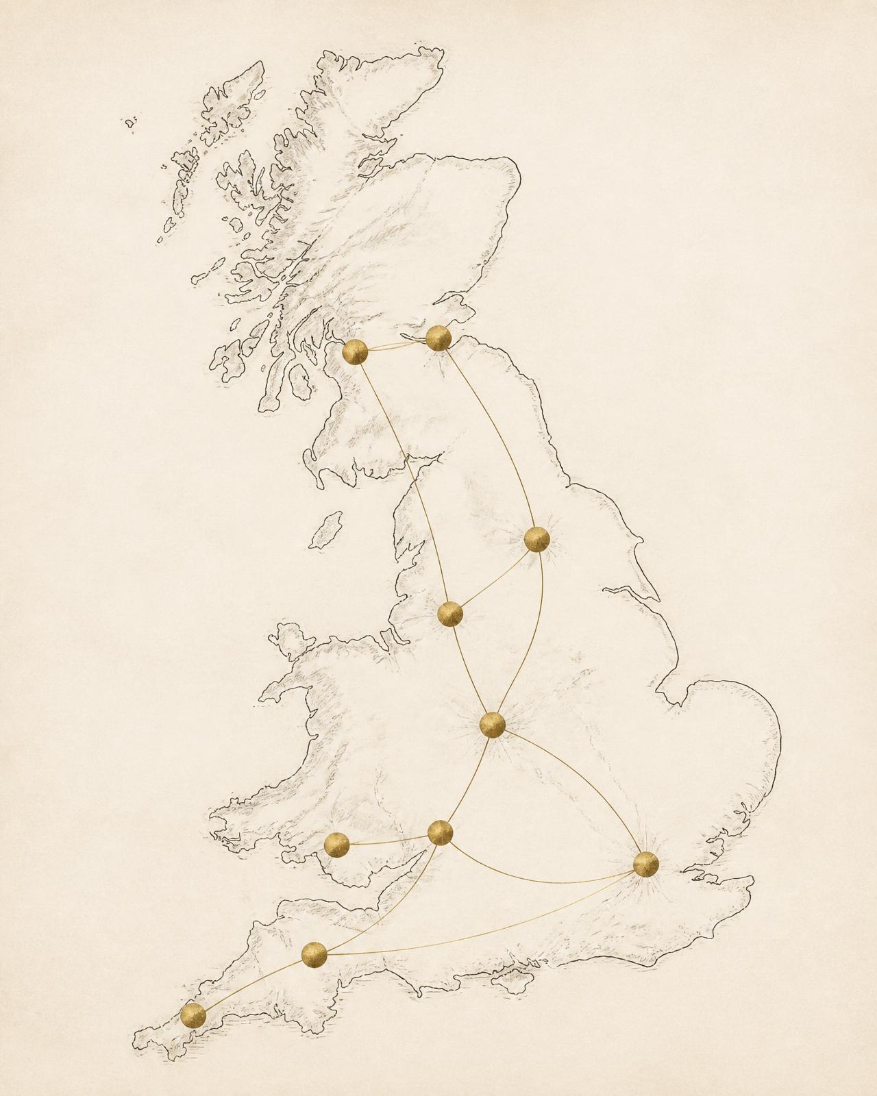 An illustrated map of the UK marking the tour destinations